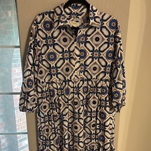Anthropologie Blue and White Geometric Midi Dress